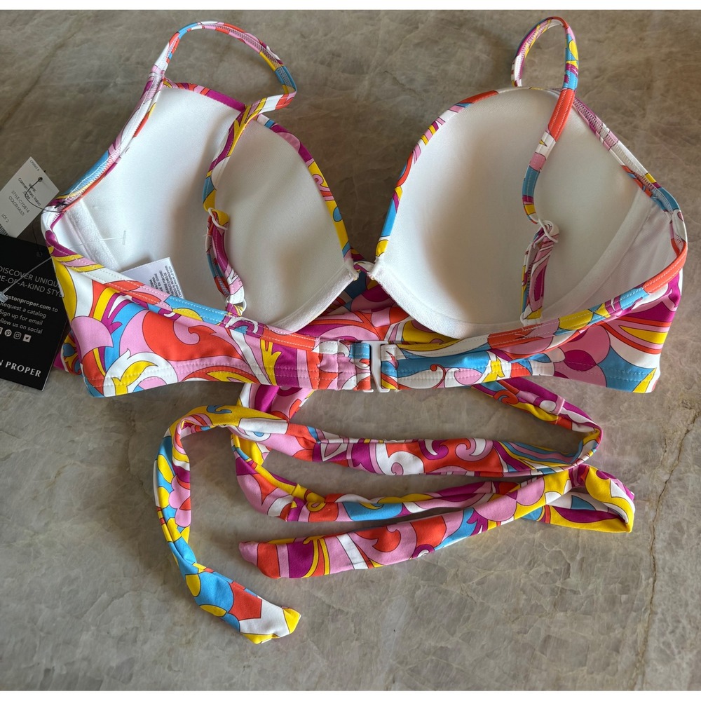 Carmen Marc Valvo C7DB14 Wrap Underwire Bikini Top Multi Retro Print New - Picture 4 of 7